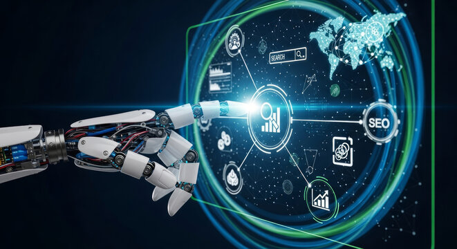 Robot arm interacting with digital interface showing world map and S E O data artificial intelligence - Powered by Adobe