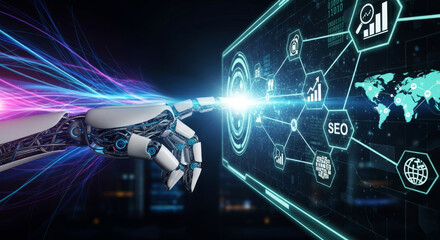 Robot hand touching digital screen with S E O and global data analytics artificial intelligence