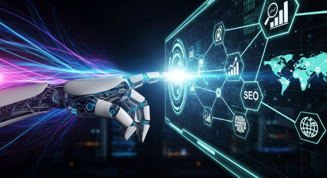 Robot hand touching digital screen with S E O and global data analytics artificial intelligence - Powered by Adobe