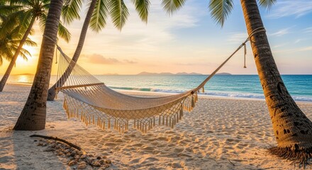 Hammock suspended between palm trees on a tropical beach at sunset relaxing vacation concept