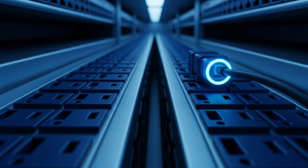 Server rack power strip with glowing blue plug and cable in dark room electrical outlet