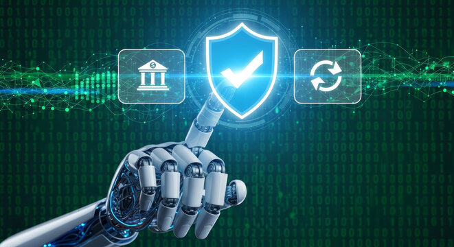 Robotic hand touching digital shield with checkmark and bank icon robot hand artificial intelligence