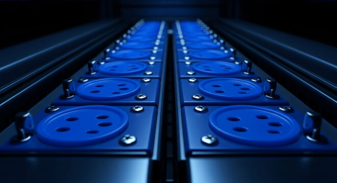 Rows of blue circular connectors with silver screws and black posts socket electrical