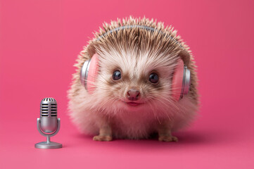 Unique Animal Portrait: Hedgehog Listening to Music or Recording