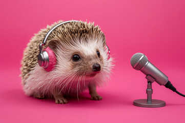 Cute Hedgehog Podcaster: Funny Animal Wearing Pink Headphones and Mic