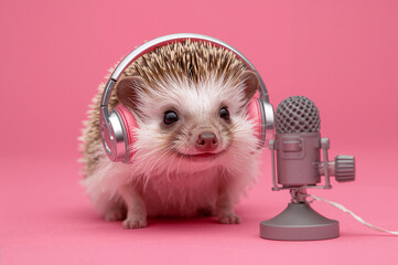 Pet Music Lover: Adorable Hedgehog DJ on Bright Pink Background