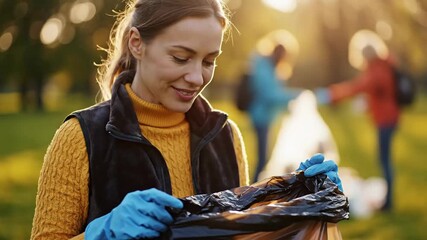 Woman volunteer cleaning park collecting trash during sunset environmental protection activity