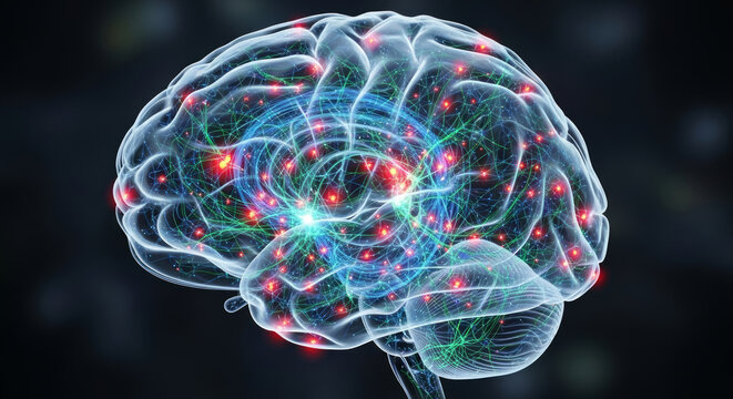 Transparent human brain with glowing neural network connections neurons synapses