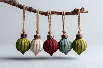 Rustic handmade Christmas ornaments hanging on natural branch for cozy seasonal decor