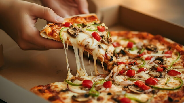 A hand lifting a slice of pizza with melting cheese from a pizza in a cardboard box with toppings