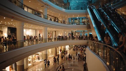 bustling modern shopping mall interior with multi-level atrium illuminated skylight glass railings busy escalators shoppers browse boutiques families stroll - Powered by Adobe
