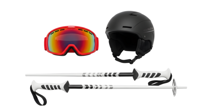 Black ski helmet with red reflective goggles and white ski poles isolated on white background, perfect for winter sports enthusiasts