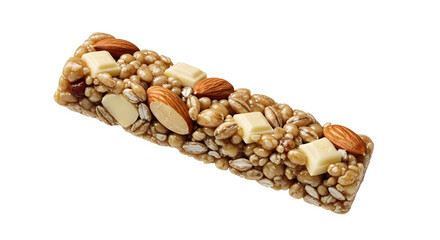Granola bar with almonds, white chocolate chunks, and puffed grains isolated on white background, healthy snack for on-the-go
