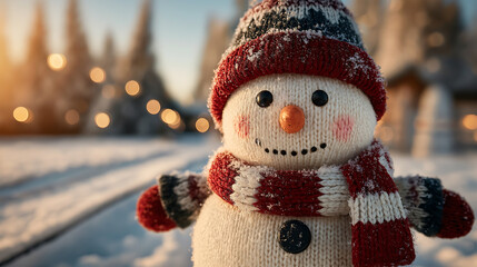 Close up of a knitted snowman with a red hat and scarf in a snowy landscape