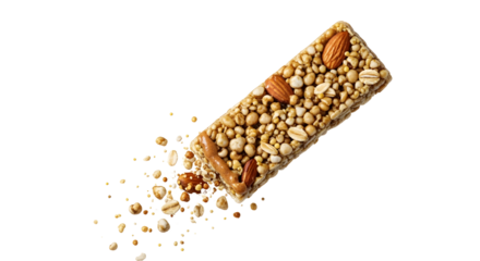 Granola bar with nuts and seeds isolated on black background, healthy snack food option, perfect for quick energy boost