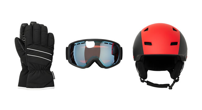 Black winter glove, snow goggles, and red helmet isolated on white background, essential winter sports gear for skiing and snowboarding - Powered by Adobe