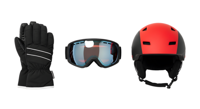 Black winter glove, snow goggles, and red helmet isolated on white background, essential winter sports gear for skiing and snowboarding - Powered by Adobe