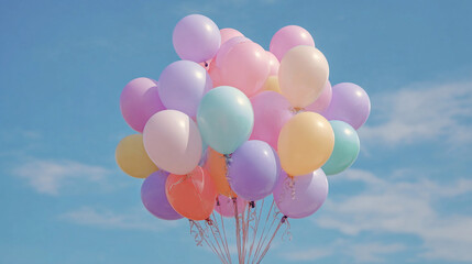 Colorful balloons float against a clear blue sky in bright sunlight