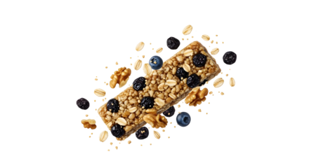Granola bar with blueberries, walnuts, and oats isolated on black background, healthy snack concept