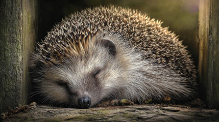 Fototapeta premium Hedgehog resting peacefully in natural habitat during daytime