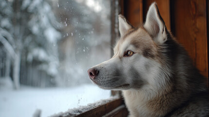 Snowy winter day with a dog gazing out of a wooden cabin