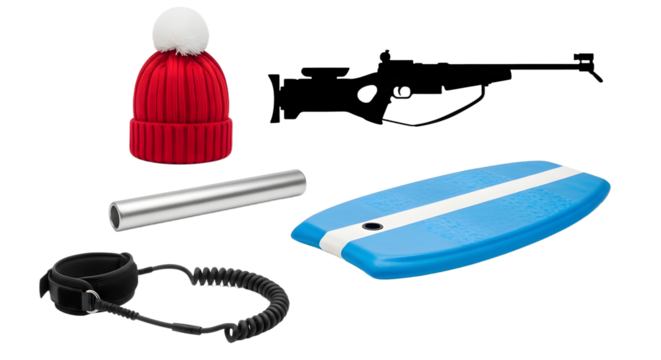 Set of hunting and outdoor accessories including red knit hat, rifle, knife sharpener, blue flotation device, and strap, perfect for hunting trips and outdoor activities