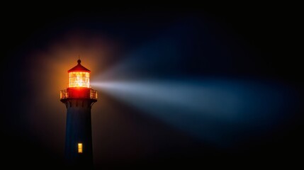 sailor. Lighthouse beam cutting through morning fog at a coastal maritime scene. travel magazines, destination branding, designed for outdoor magazines and nature guides, used by event planners.