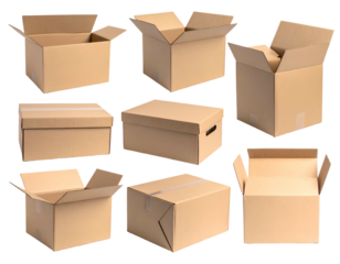 Set of cardboard boxes in various open and closed configurations