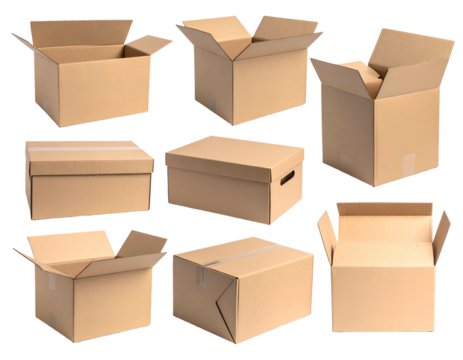 Set of cardboard boxes in various open and closed configurations