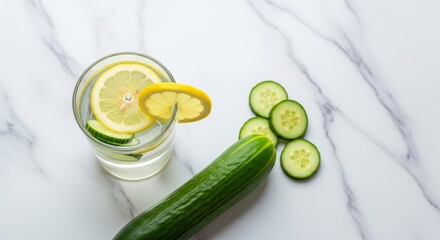 Fresh cucumber and lemon slices in water glass on white marble surface