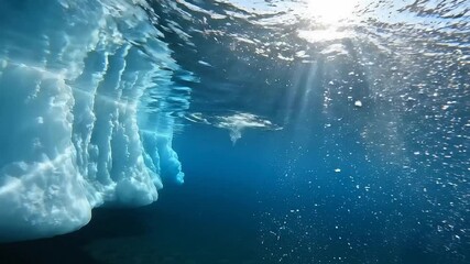 Underwater iceberg view with rising bubbles in arctic waters