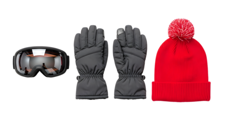 Winter accessories set including black ski goggles, insulated gloves, and red knitted beanie with pom-pom, ideal for cold weather and snow activities