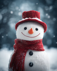 A charming snowman with red hat and scarf standing in a snowy environment