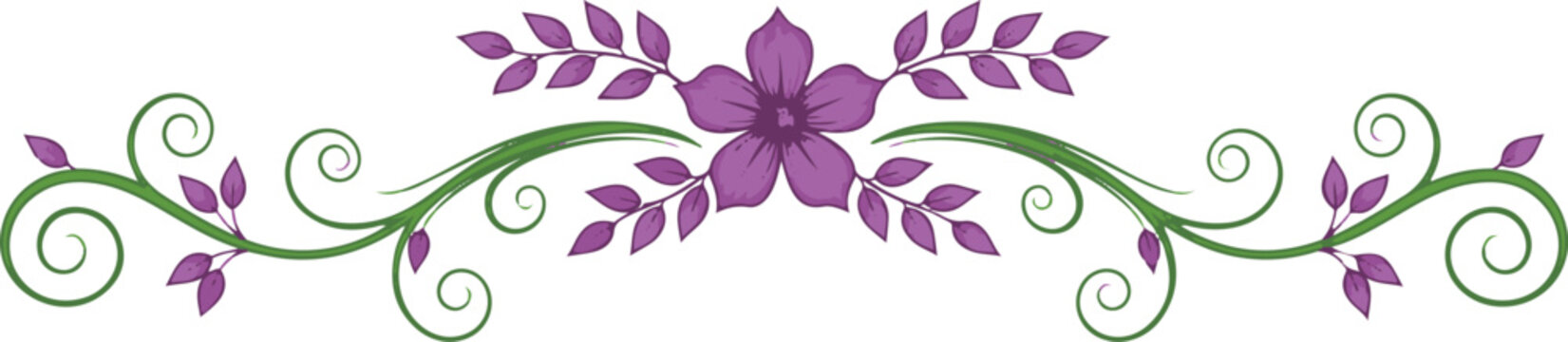 Purple flower with green vine and leaves border floral
