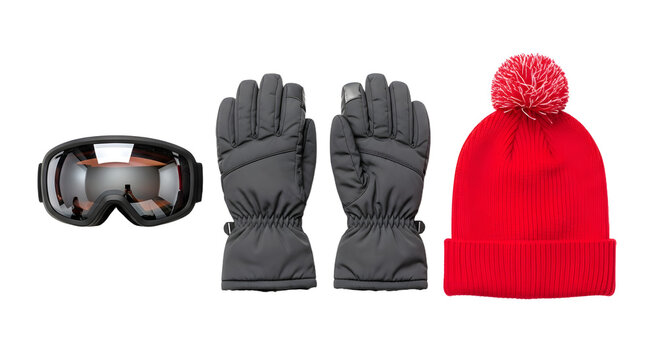 Winter accessories set including black ski goggles, insulated gloves, and red knitted beanie with pom-pom, ideal for cold weather and snow activities