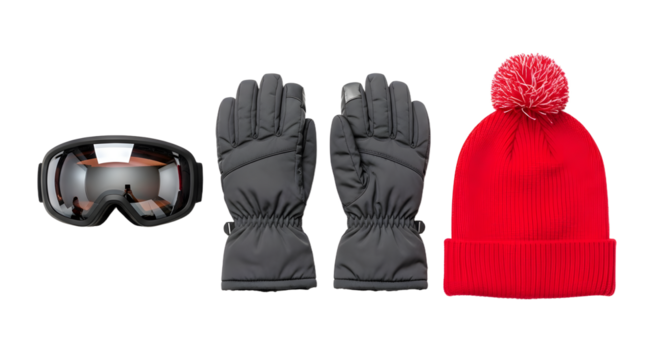Winter accessories set including black ski goggles, insulated gloves, and red knitted beanie with pom-pom, ideal for cold weather and snow activities