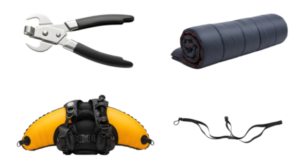 Set of outdoor gear including pliers, rolled sleeping bag, inflatable yellow raft with black straps, and black carabiner clips, perfect for camping and water adventures