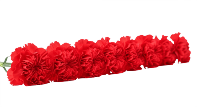 Vibrant red carnations isolated on a clean white background, detailed botanical studio shot showcasing rich crimson petals, natural texture, elegant floral beauty, and classic romantic flower symbolis