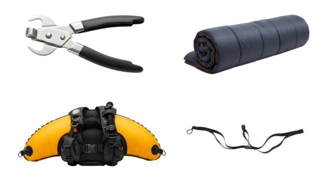 Set of outdoor gear including pliers, rolled sleeping bag, inflatable yellow raft with black straps, and black carabiner clips, perfect for camping and water adventures