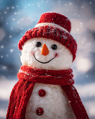 Close up of a smiling snowman with red hat and scarf in a snowy background