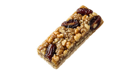 Close-up of a healthy granola bar with nuts and dried fruits on a white background, perfect for snacks and energy boosts