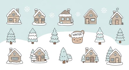Winter cottage illustrations with snow-covered trees and houses  