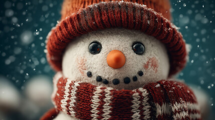 Close up of a snowman with a red hat and scarf in falling snow background