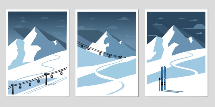 Mountain skiing scenic view ski lifts and skies snow winter vector art print poster travel artwork mountain landscape
