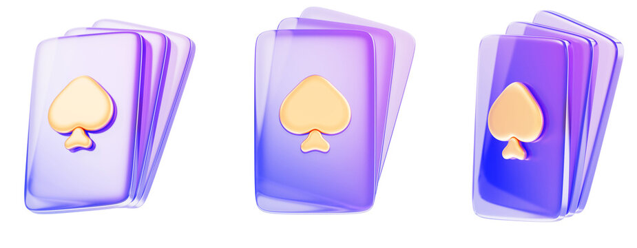 3d set of holographic glass morphism poker play card stacks with gold spades render. Online casino neon game ui icon for roulette, blackjack or baccarat. Isolated purple tarot deck
