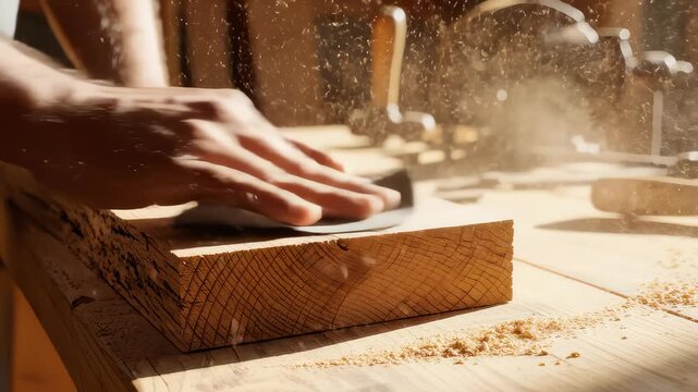 Craftsman Smoothing Wood Surface With Sandpaper in Workshop, Detail Shot