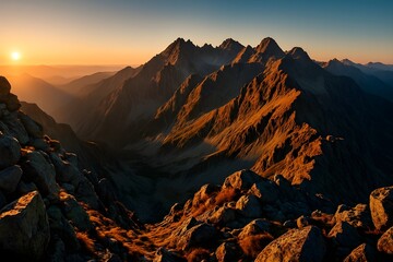 Epic Golden Hour Mountain Range at Sunset with Rocky Foreground.