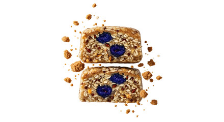 Healthy homemade granola bars with oats, nuts, and blueberries on black background, perfect for snacks and energy boosts