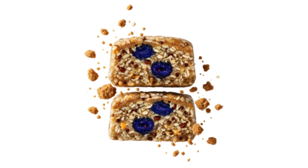 Healthy homemade granola bars with oats, nuts, and blueberries on black background, perfect for snacks and energy boosts
