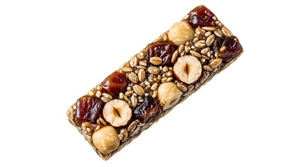 Healthy nut and seed granola bar with dried fruits isolated on white, perfect for snacks and energy boost
